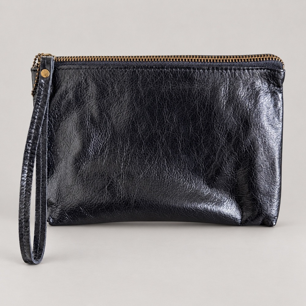 Latico Wristlet Clutch Bag Black Leather Minimalist Floral Lining Pouch